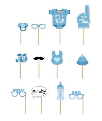 Akcesoria rekwizyty gadżety do zdjęć Baby Shower niebieskie dla chłopczyka, 12 szt.
