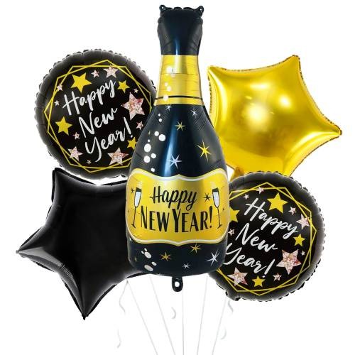 Zestaw balonów foliowych Sylwester Happy New Year, czarno-złoty