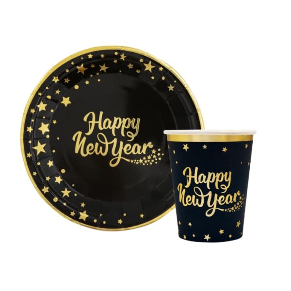 Zestaw zastawy czarny - talerzyki kubeczki na sylwestra "Happy New Year"
