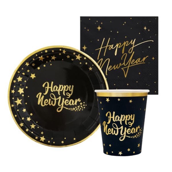 Zestaw zastawy czarny - talerzyki kubeczki serwetki na sylwestra "Happy New Year"