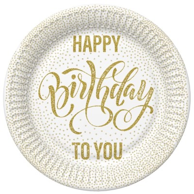 Talerzyki papierowe Happy Birthday To You biało-złote, 23 cm 8 szt.