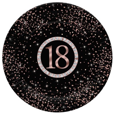 Talerzyki papierowe 18 urodziny czarne konfetti rose gold, 18 cm 8 szt.