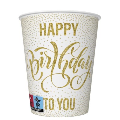 Kubeczki papierowe Happy Birthday To You biało-złote, 8 szt.