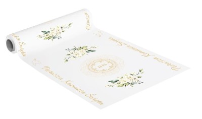 Bieżnik papierowy Komunia Święta złoty IHS białe kwiaty, 0,4x5 m