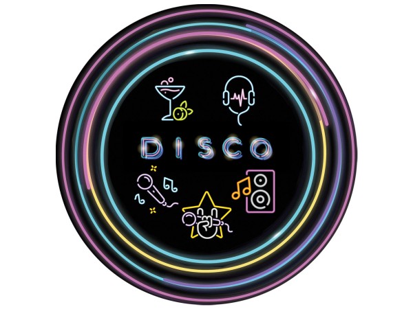 Talerzyki papierowe Disco neon, 18 cm 6 szt.