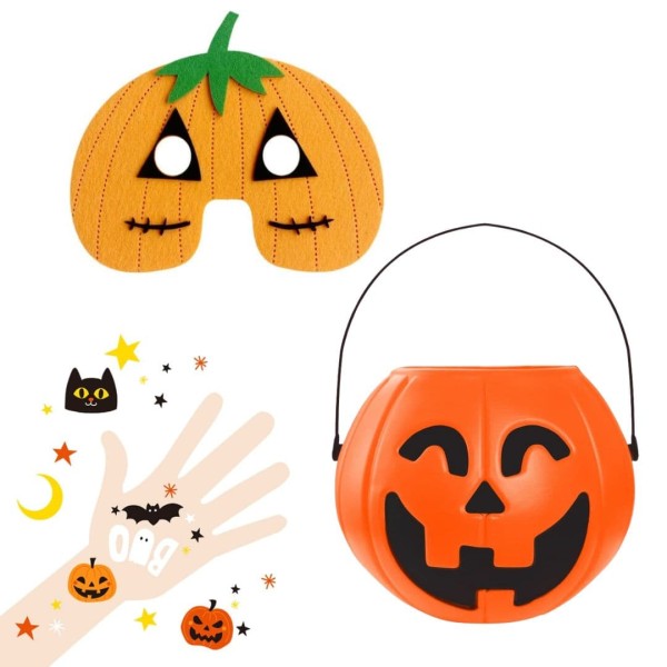 Akcesoria na Halloween - zestaw koszyczek, maska, tatuaże