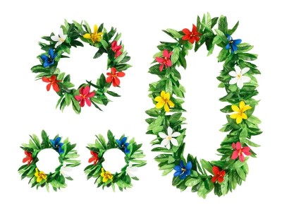 Zestaw hawajski naszyjnik, opaska na głowę, bransoletki zielone listki z kwiatami