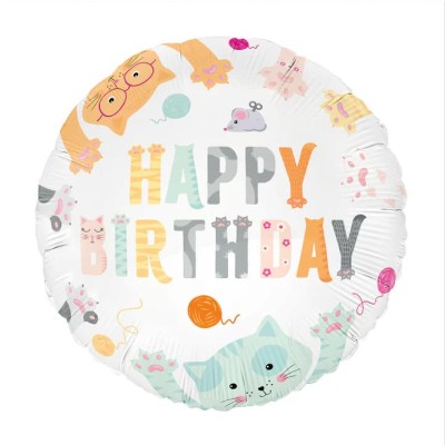 Balon foliowy Kotki Happy Birthday okrągły, 45 cm
