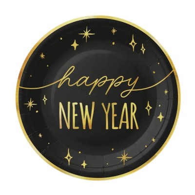 Talerzyki papierowe sylwestrowe Happy New Year, 18 cm 6 szt.