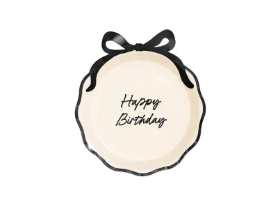 Talerzyki papierowe kremowe z kokardką Happy Birthday, 6 szt.