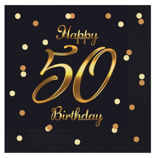 Serwetki Happy 50 Birthday urodziny czarne, 20 szt.