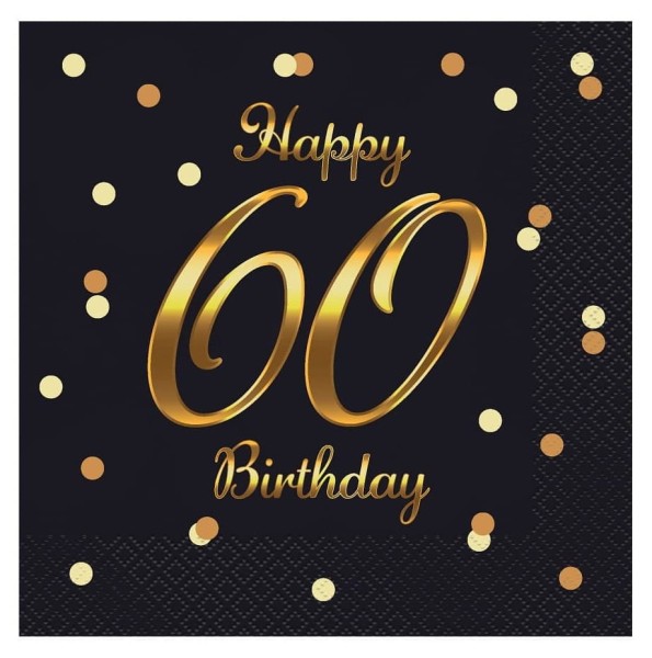 Serwetki Happy 60 Birthday urodziny czarne, 20 szt.