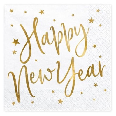 Serwetki papierowe sylwestrowe Happy New Year białe, 20 szt.