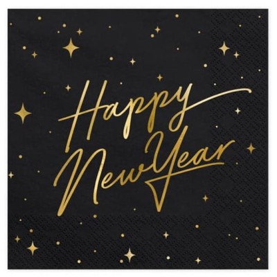 Serwetki papierowe sylwestrowe Happy New Year czarne, 20 szt.