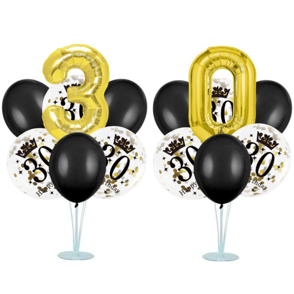 Zestaw balonów na stojaku 30 urodziny z cyframi, czarno-złoty