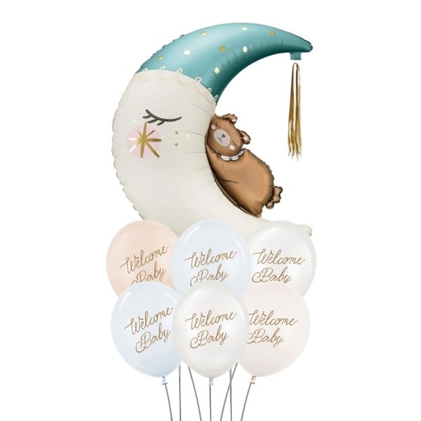 Zestaw balonów na powitanie dziecka z misiem na księżycu, niebiesko-beżowy