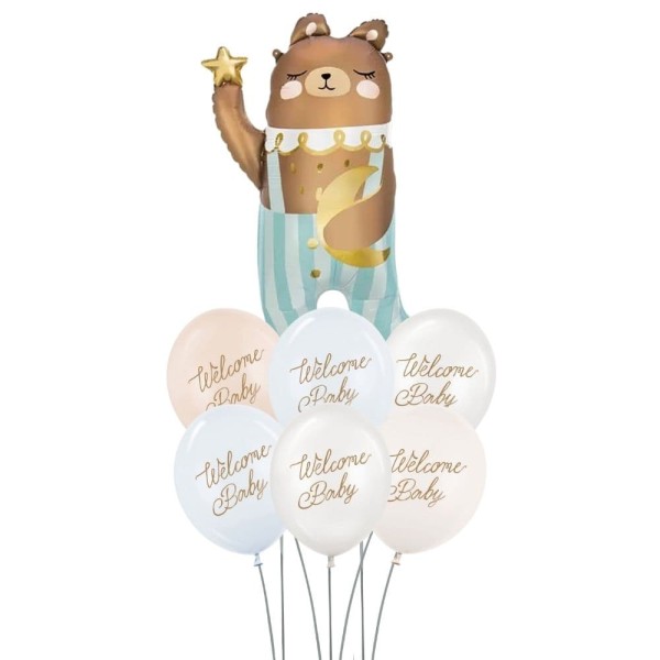 Zestaw balonów na powitanie dziecka z misiem, niebieski