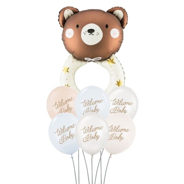 Zestaw balonów na powitanie dziecka z misiem, niebiesko-beżowy