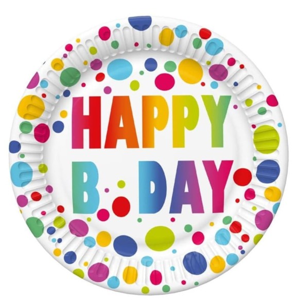 Talerzyki papierowe urodzinowe kropki Happy B'day Birthday, 18 cm 8 szt.
