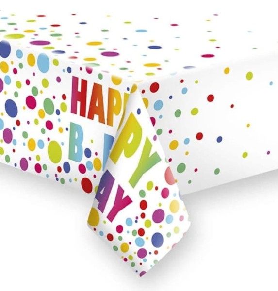 Obrus papierowy urodzinowy kropki Happy B'day Birthday, 120 x 180 cm