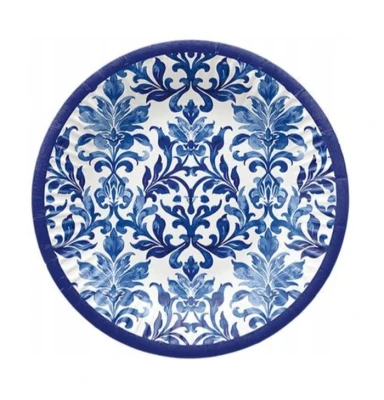 Talerzyki papierowe Azulejo niebieska mozaika niebieskie wzory, 18 cm