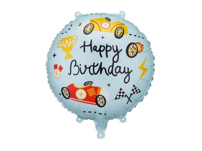 Balon foliowy Happy Birthday samochody wyścigi, 45 cm