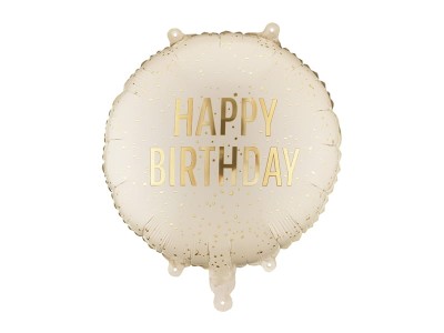 Balon foliowy Happy Birthday kremowy pastylka, 45 cm