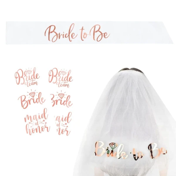 Akcesoria na wieczór panieński Bride to Be welon szarfa tatuaże