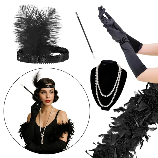 Akcesoria do przebrania damski Retro Old Hollywood Lata 20 czarny z piórami i perłami