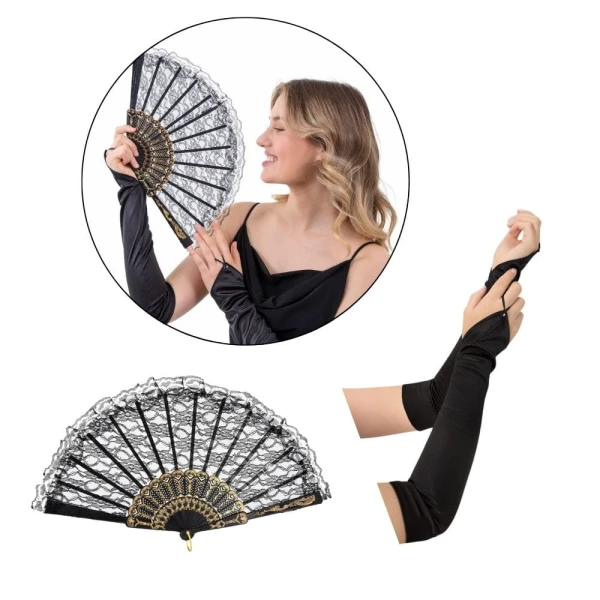 Zestaw akcesoriów do przebrania Retro Old Hollywood Lata 20 - rękawiczki, wachlarz