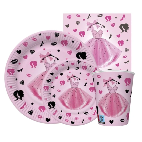 Zestaw komplet zastawy Księżniczka Sukienka - kubeczki, talerzyki, serwetki