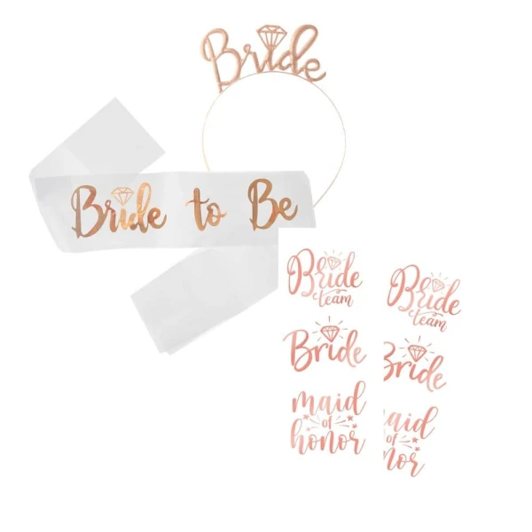 Akcesoria na wieczór panieński Bride to Be szarfa opaska tatuaże rose gold