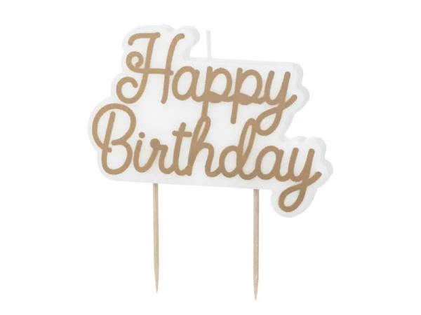Świeczka urodzinowa na tort Happy Birthday zimny złoty, 7,5x10 cm