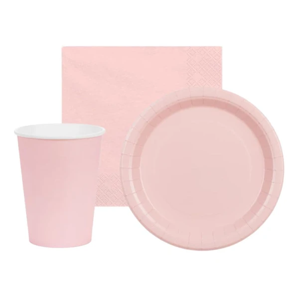 Zestaw zastawy jednokolorowej Basic jasny różowy - kubeczki, talerzyki, serwetki
