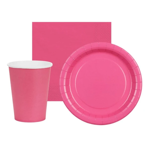 Zestaw zastawy jednokolorowej Basic ciemny różowy fuksja - kubeczki, talerzyki, serwetki