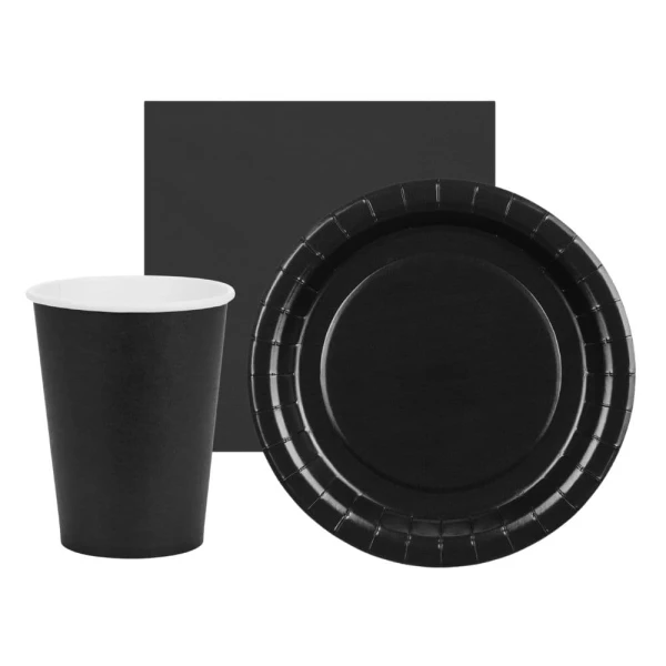 Zestaw zastawy jednokolorowej Basic czarny - kubeczki, talerzyki, serwetki