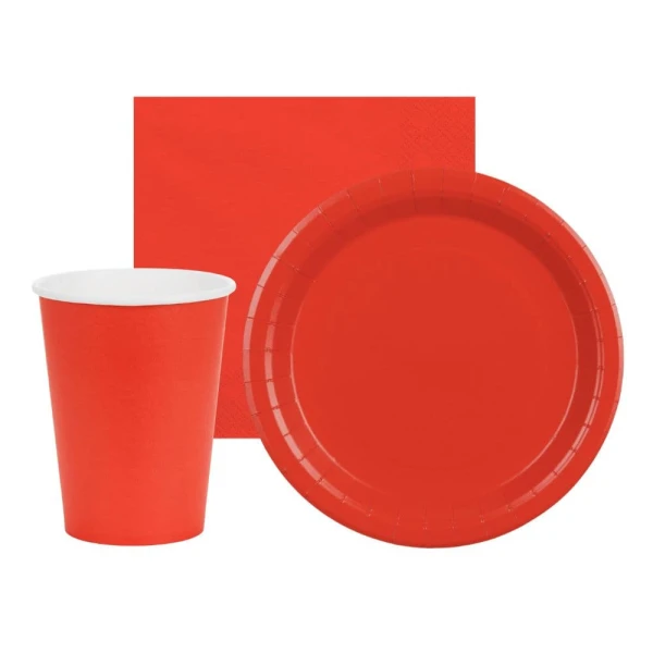 Zestaw zastawy jednokolorowej Basic czerwony - kubeczki, talerzyki, serwetki