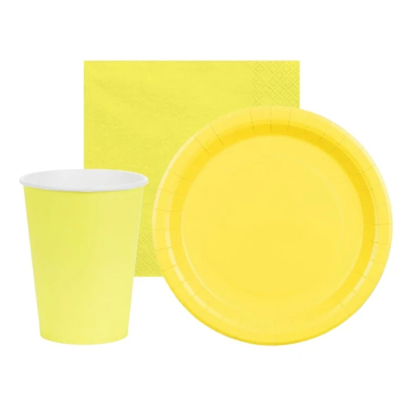 Zestaw zastawy jednokolorowej Basic żółty - kubeczki, talerzyki, serwetki