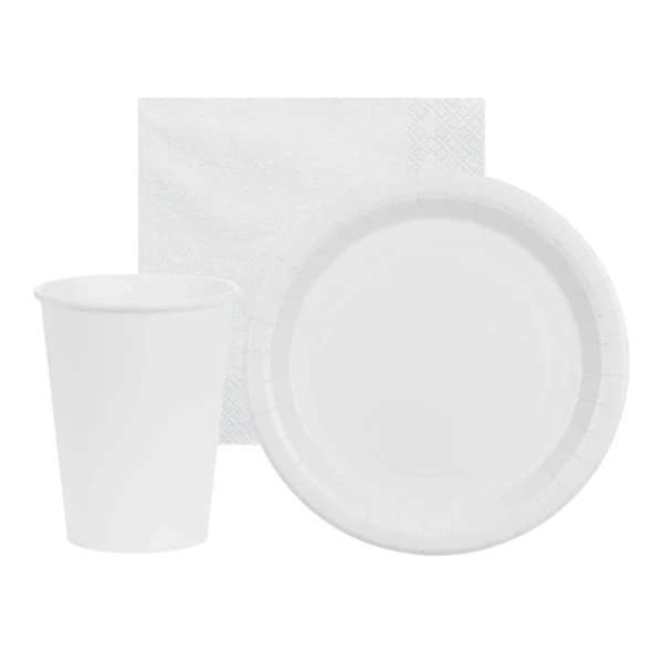 Zestaw zastawy jednokolorowej Basic biały - kubeczki, talerzyki, serwetki