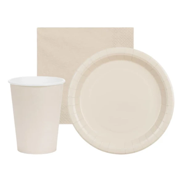 Zestaw zastawy jednokolorowej Basic beżowy kremowy - kubeczki, talerzyki, serwetki