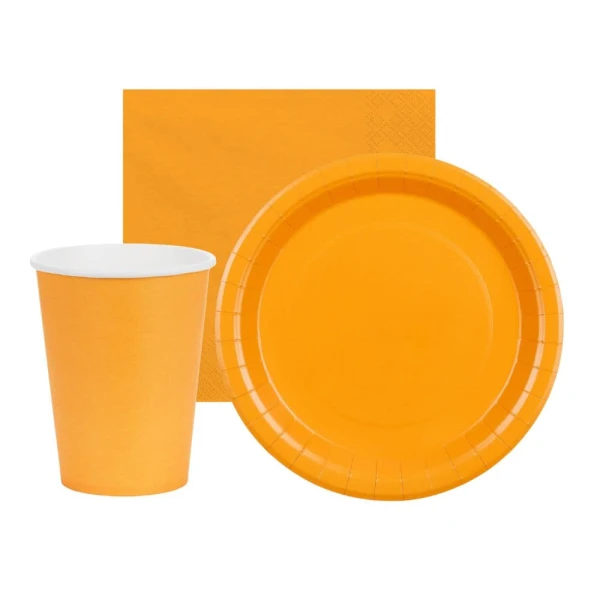 Zestaw zastawy jednokolorowej Basic pomarańczowy - kubeczki, talerzyki, serwetki