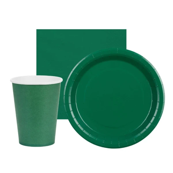 Zestaw zastawy jednokolorowej Basic ciemne butelkowe zielone - kubeczki, talerzyki, serwetki