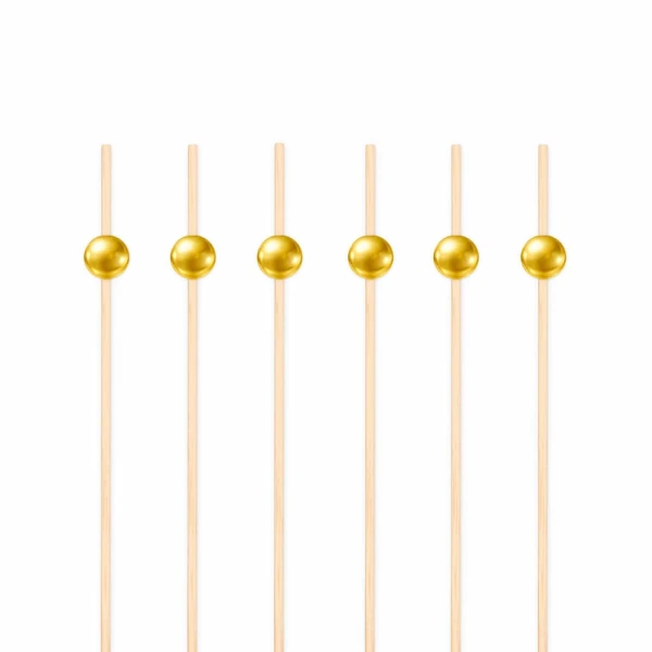 Patyczki wykałaczki bambusowe koktajlowe do przekąsek złote kulki, 25 szt.