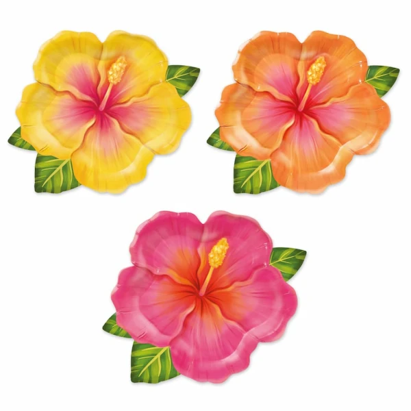 Talerzyki papierowe tropikalne kwiaty kolorowe Aloha, 6 szt.