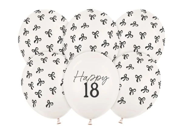 Balony lateksowe Happy 18 Kokardki na urodziny złamana biel, 30 cm 6 szt.