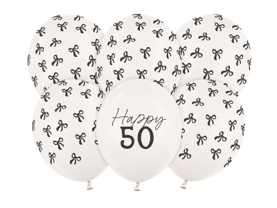 Balony lateksowe Happy 50 Kokardki na urodziny złamana biel, 30 cm 6 szt.