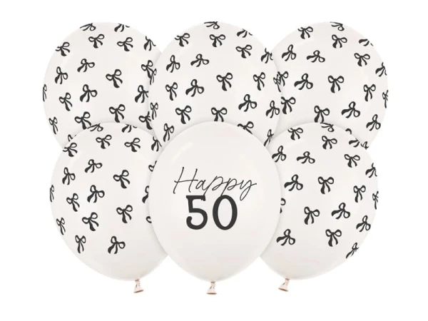 Balony lateksowe Happy 50 Kokardki na urodziny złamana biel, 30 cm 6 szt.