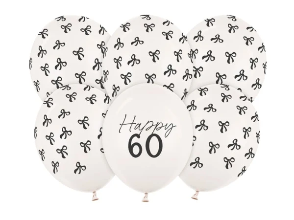 Balony lateksowe Happy 60 Kokardki na urodziny złamana biel, 30 cm 6 szt.