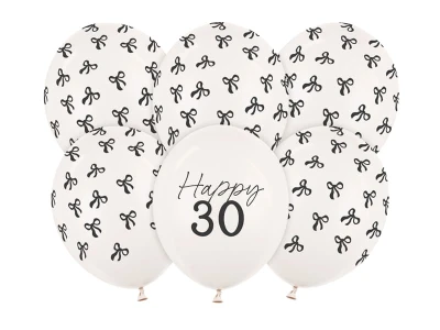 Balony lateksowe Happy 30 Kokardki na urodziny złamana biel, 30 cm 6 szt.
