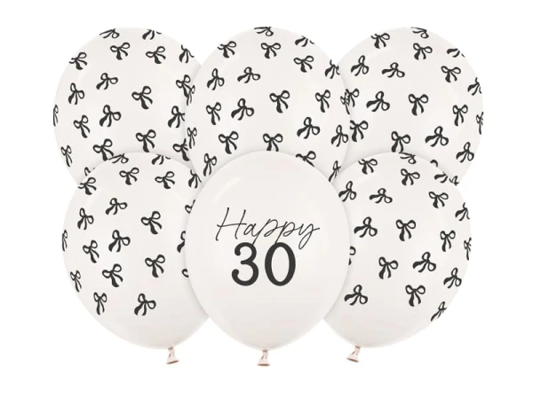Balony lateksowe Happy 30 Kokardki na urodziny złamana biel, 30 cm 6 szt.